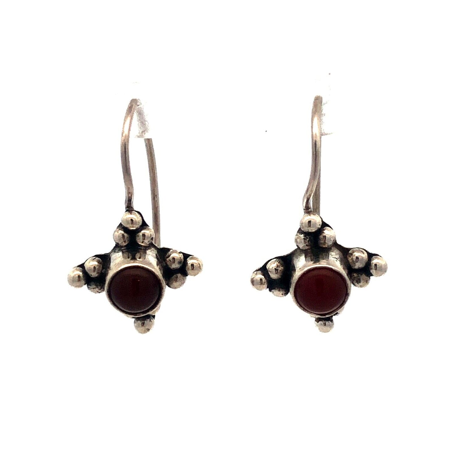 Estate 925 Sterling Silver Carnelian Cabochon Beaded Drop Dangle Hook Earrings