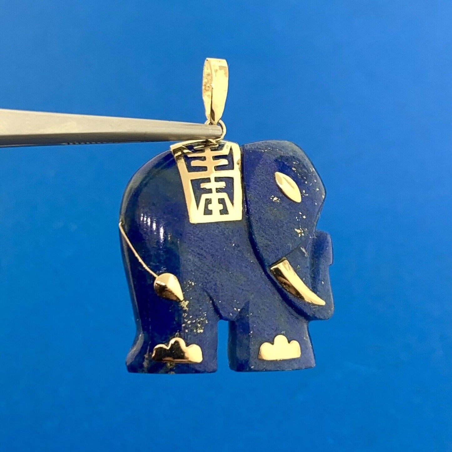 Designer 14K Yellow Gold Lapis Lazuli Chinese Character Elephant Pendant