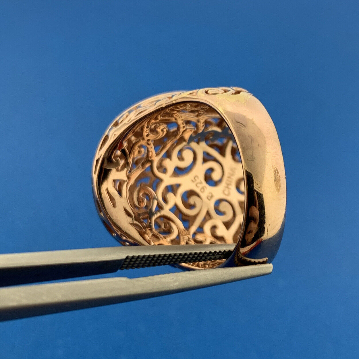 Designer Sterling Silver Rose Vermeil Two Tone Open Scroll Statement Dome Ring