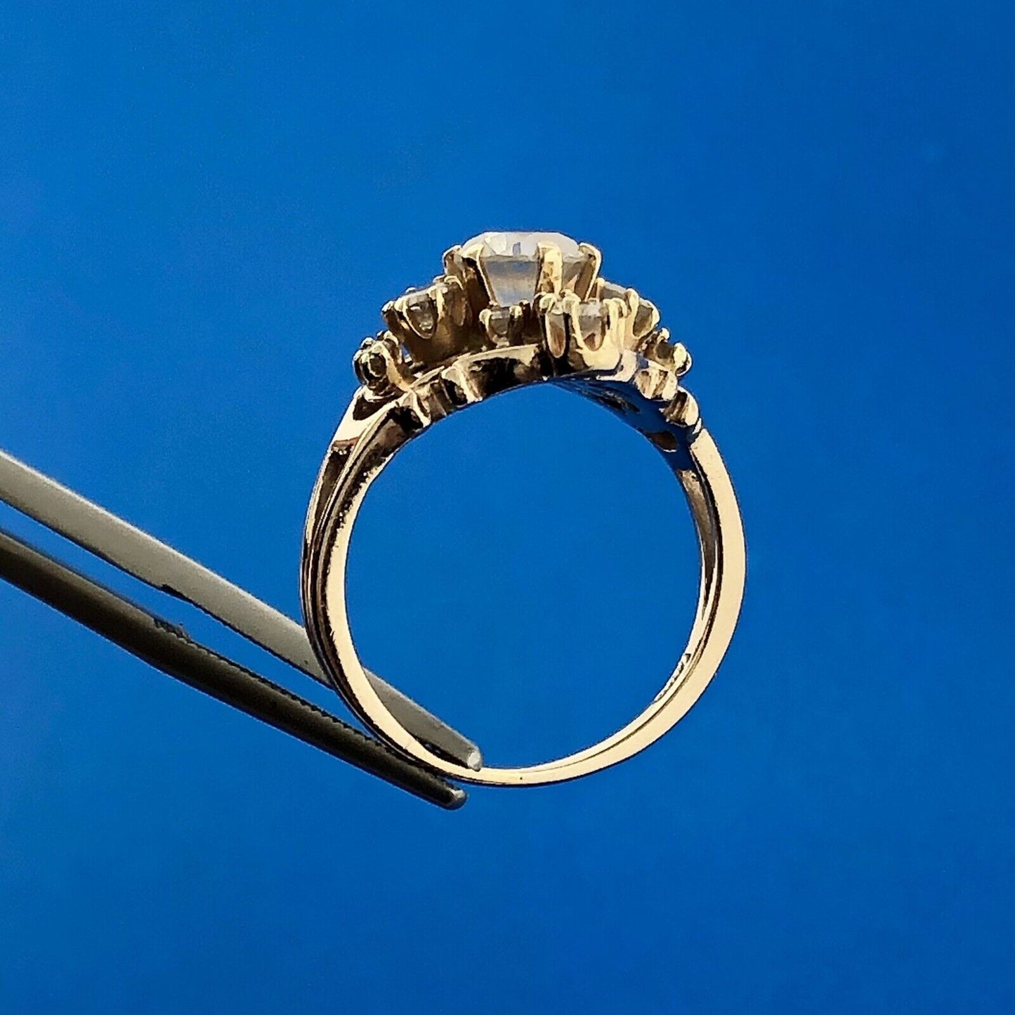 Vintage 14K Yellow Gold Diamond Solitaire Accented Etruscan Style Ring
