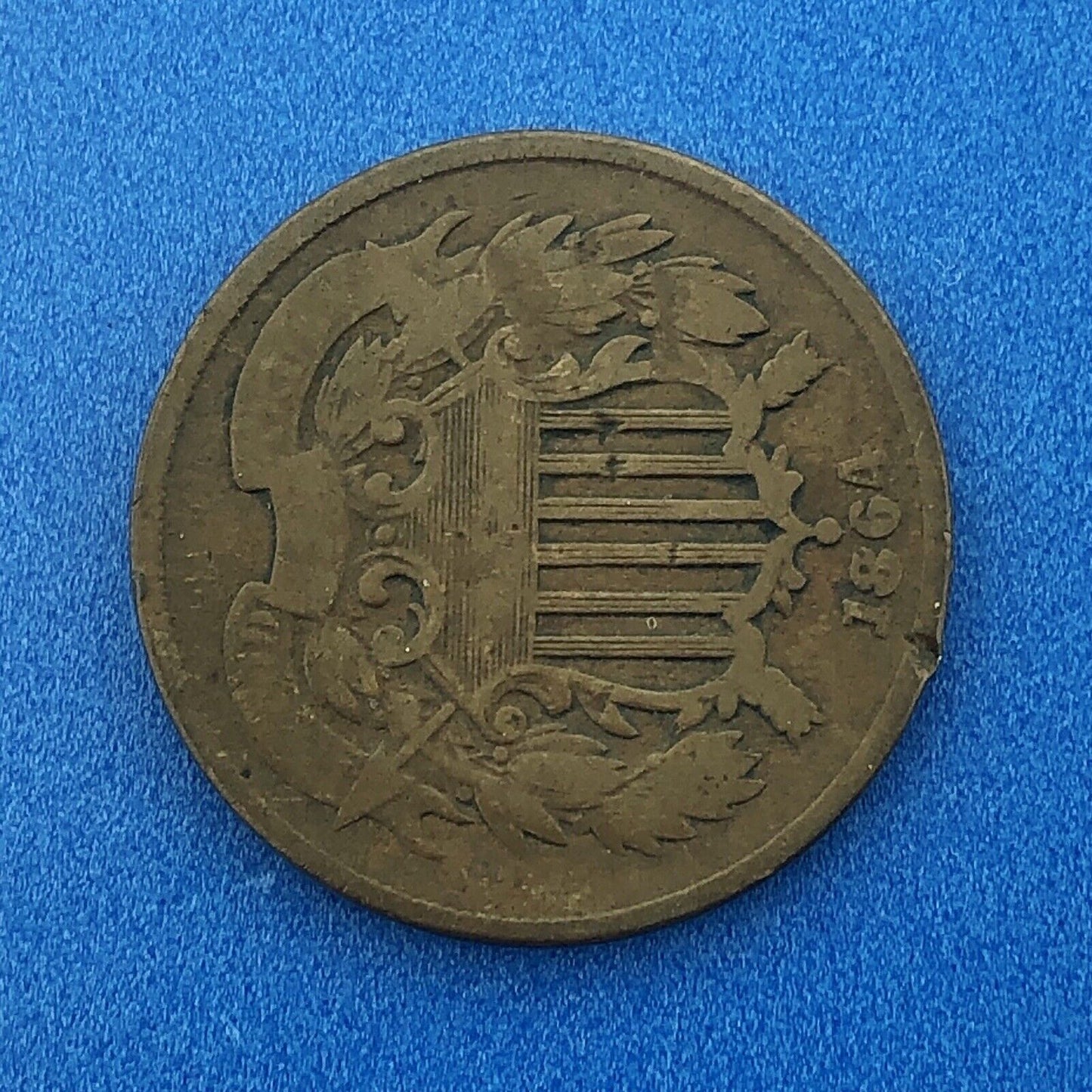 1864 P Bronze Two-Cent Piece Union Shield Large Motto Philadelphia Mint Coin