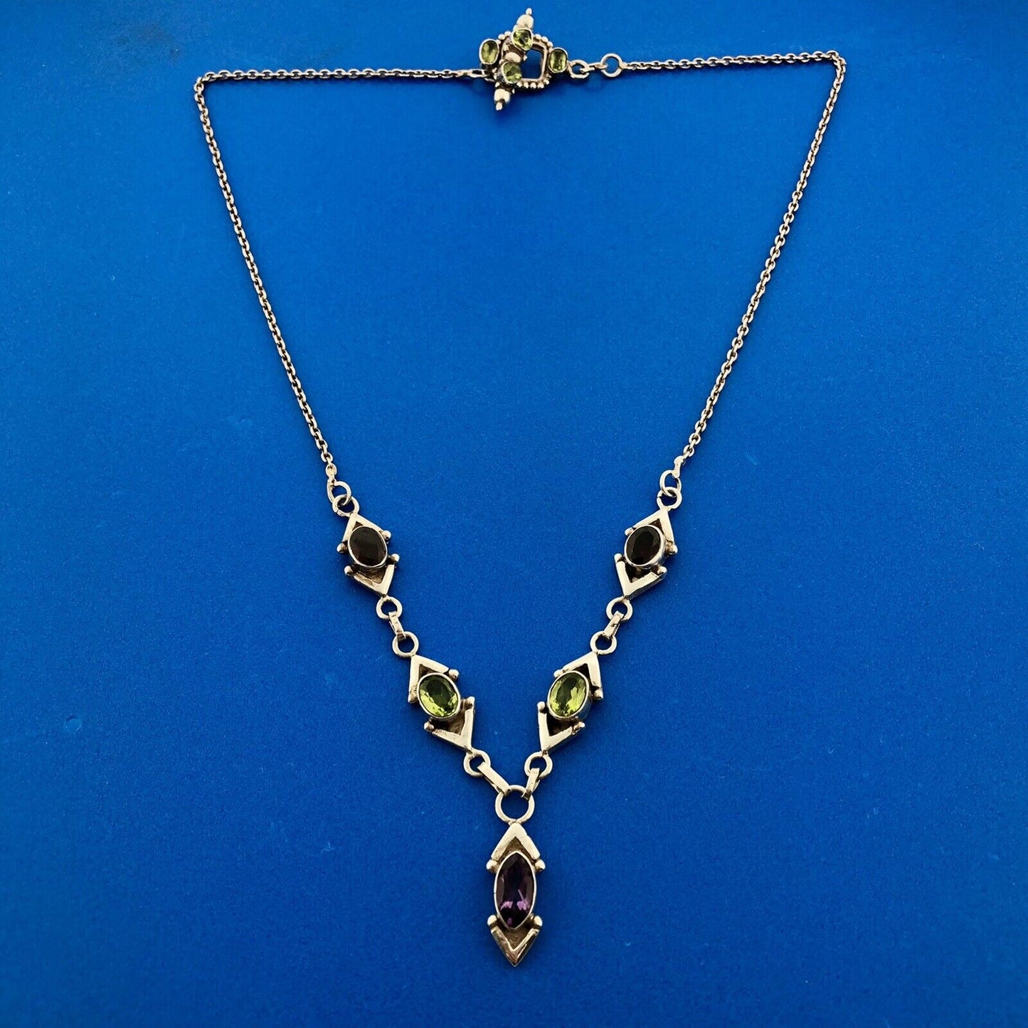 Stunning Sterling Silver 925 Peridot Garnet Amethyst 17" Toggle Necklace