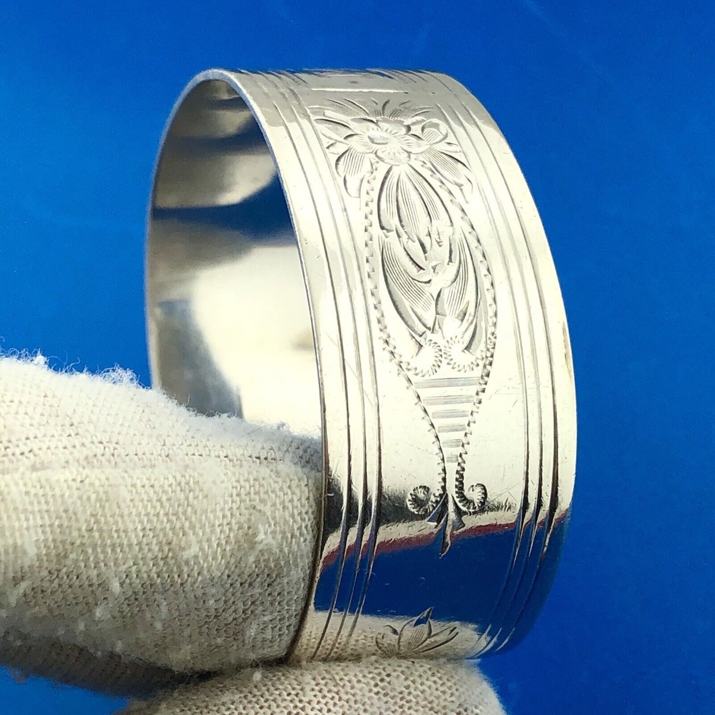 Victorian Edwardian 925 Sterling Silver Etched Floral Monogram M Cuff Bracelet