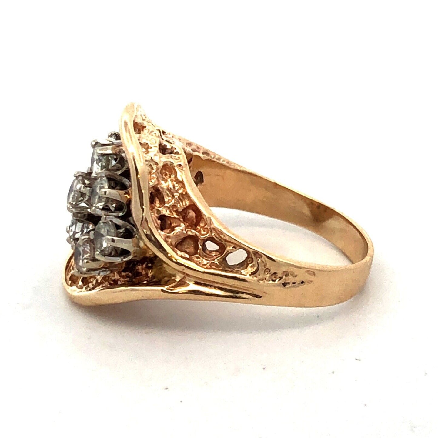 Estate 14K Yellow Gold Round Diamond Cluster Nugget Statement Ring