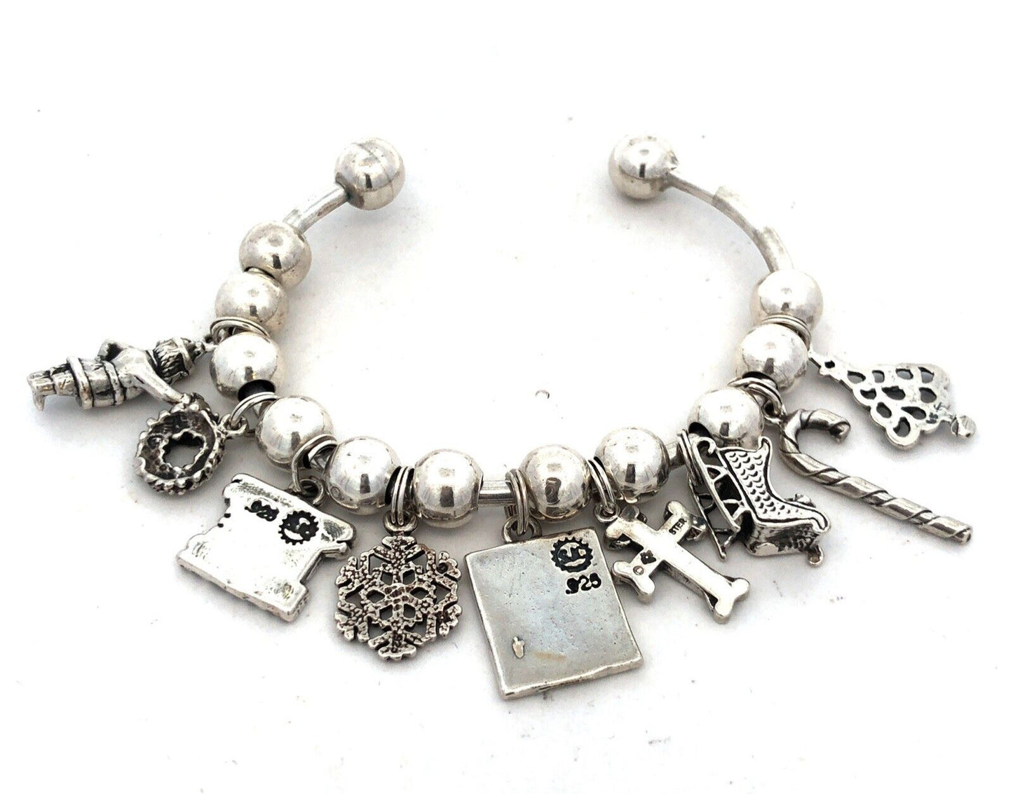 Vintage SJC 925 Sterling Silver Christmas Holiday Theme Beaded Charm Bracelet