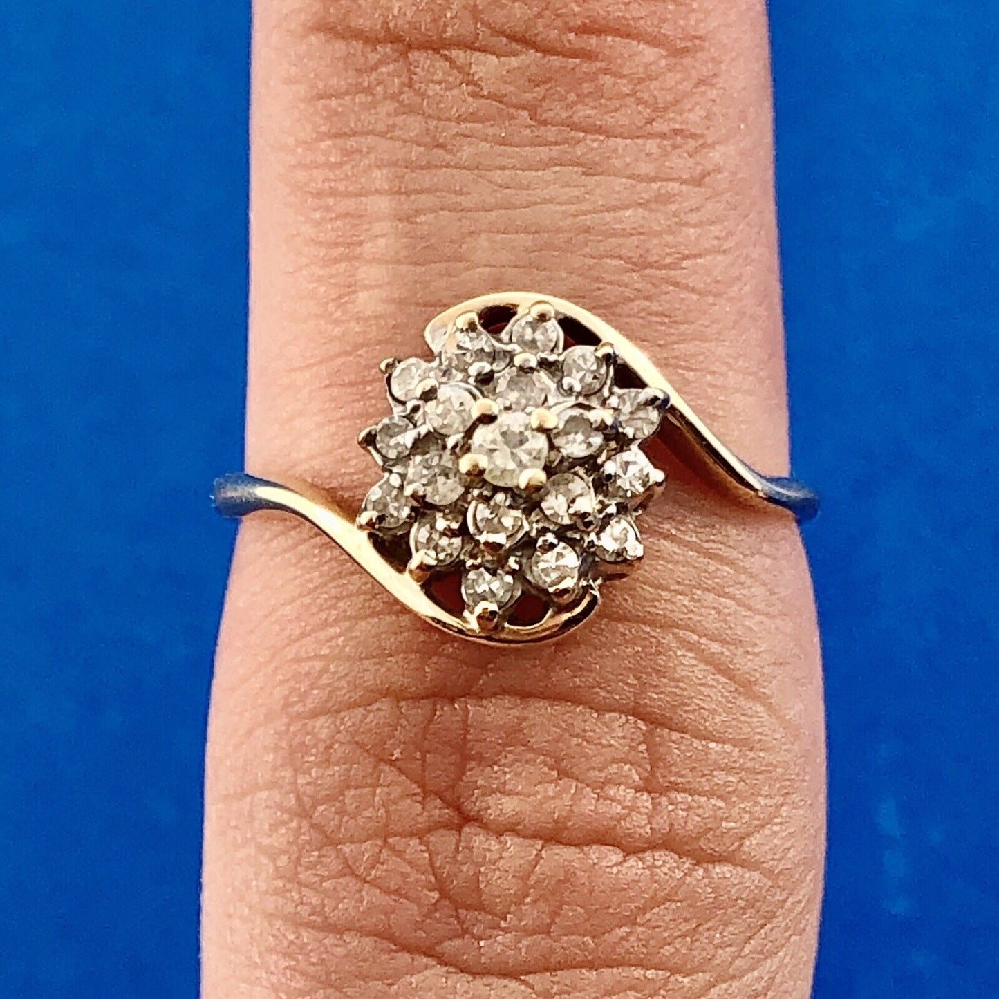 Retro 14K Yellow Gold Diamond Floral Cluster Bypass Engagement Bridal Ring