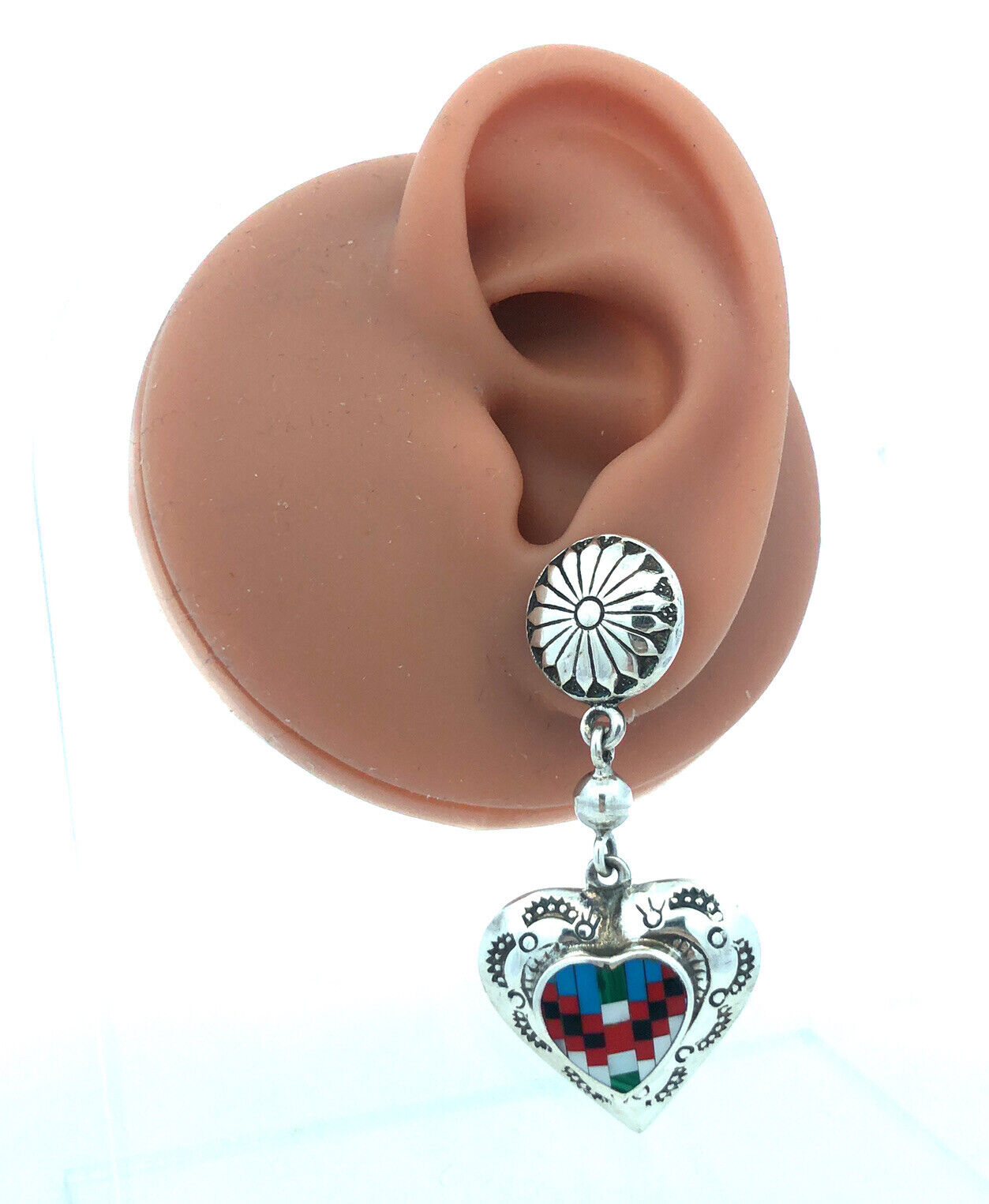 Native American Concho 925 Sterling Silver Multi Gemstone Heart Dangle Earrings