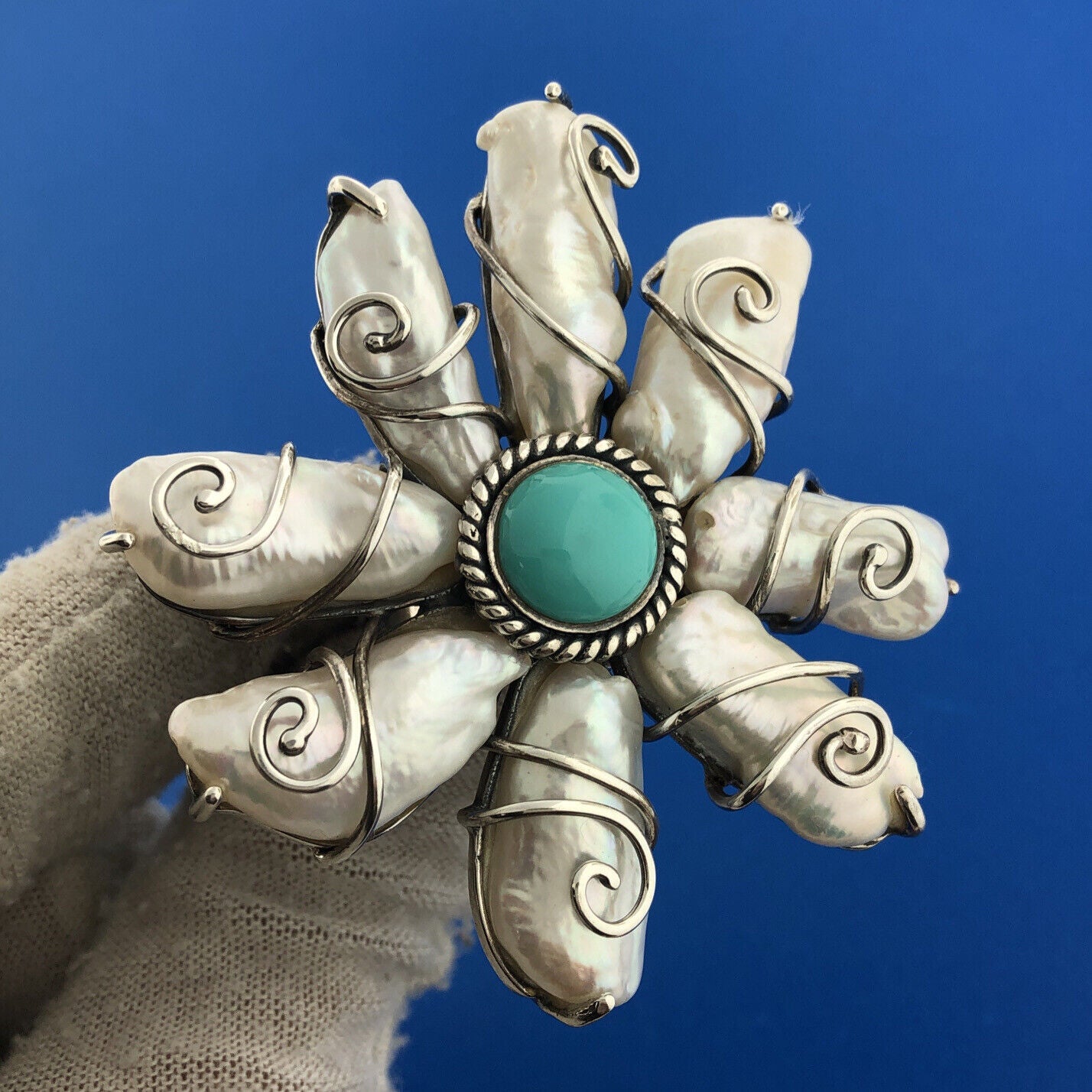 Designer 925 Sterling Silver CFJ Turquoise & Baroque Pearl Flower Floral Ring