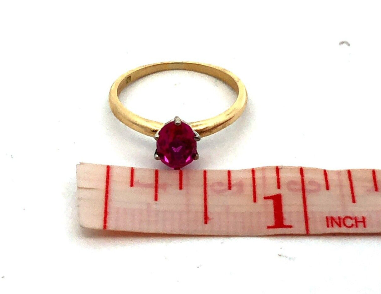 Estate 18K Yellow Gold Oval Pink Ruby Solitaire July Birthstone Anniversary Ring