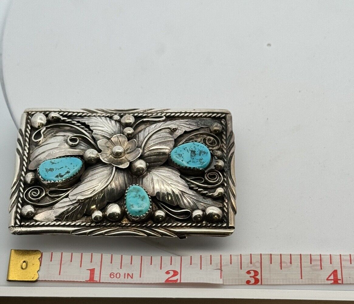 Native American Jameson Lee 925 Sterling Silver Turquoise Floral Belt Buckle