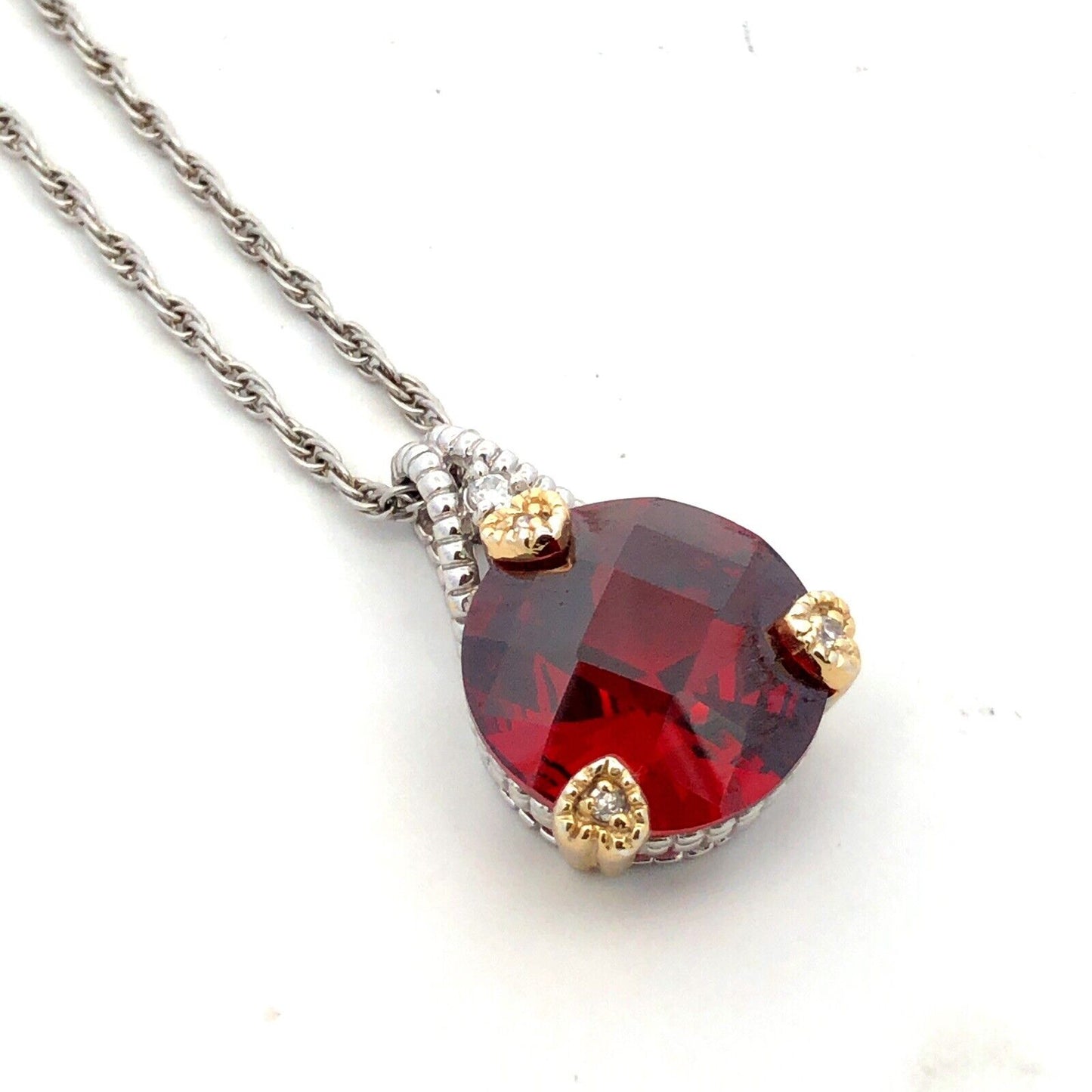 925 Sterling Silver Two Tone Cushion Cut Red Cubic Zirconia CZ Necklace