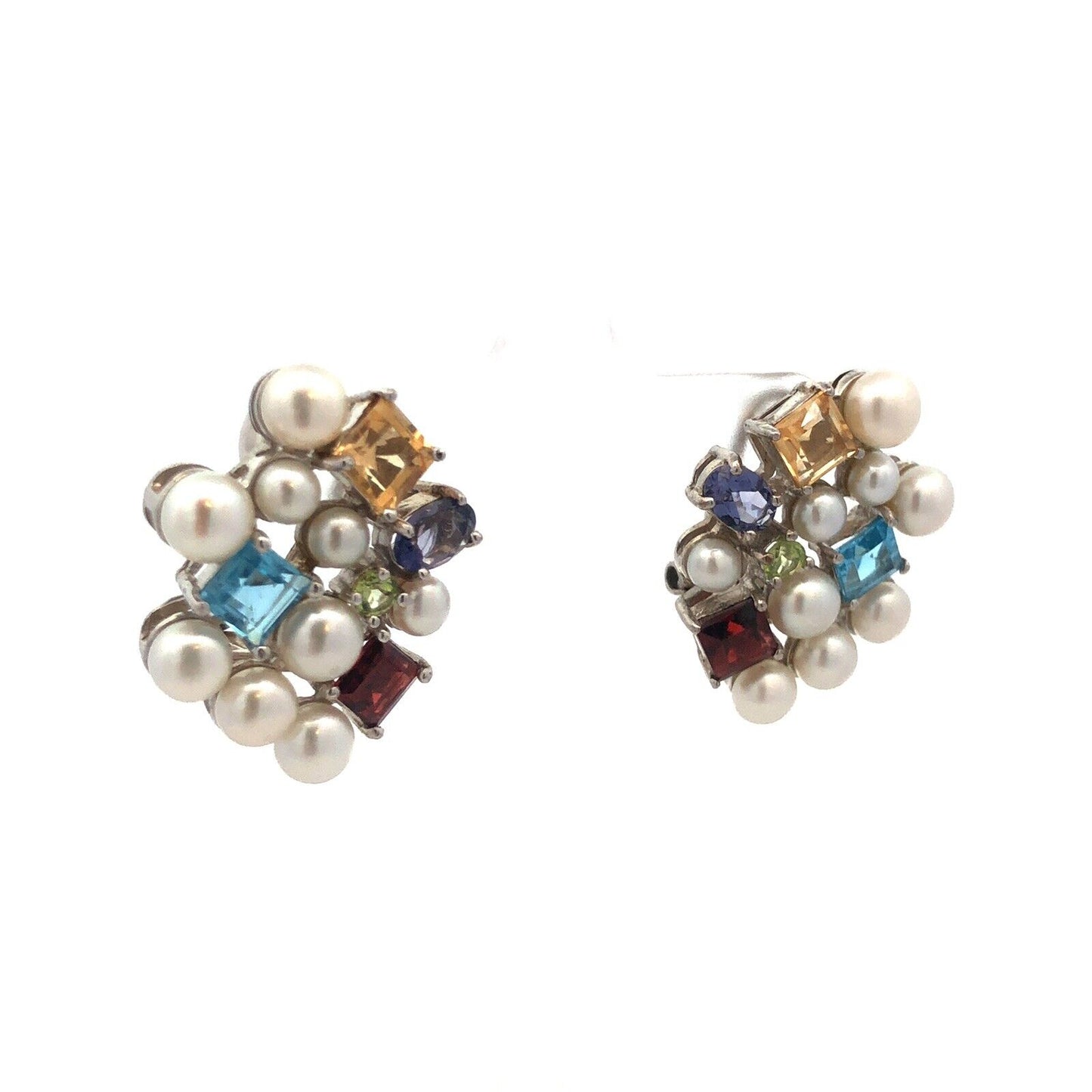 Ross Simons 925 Sterling Silver Pearl Multi Gemstone Cluster Stud Earrings