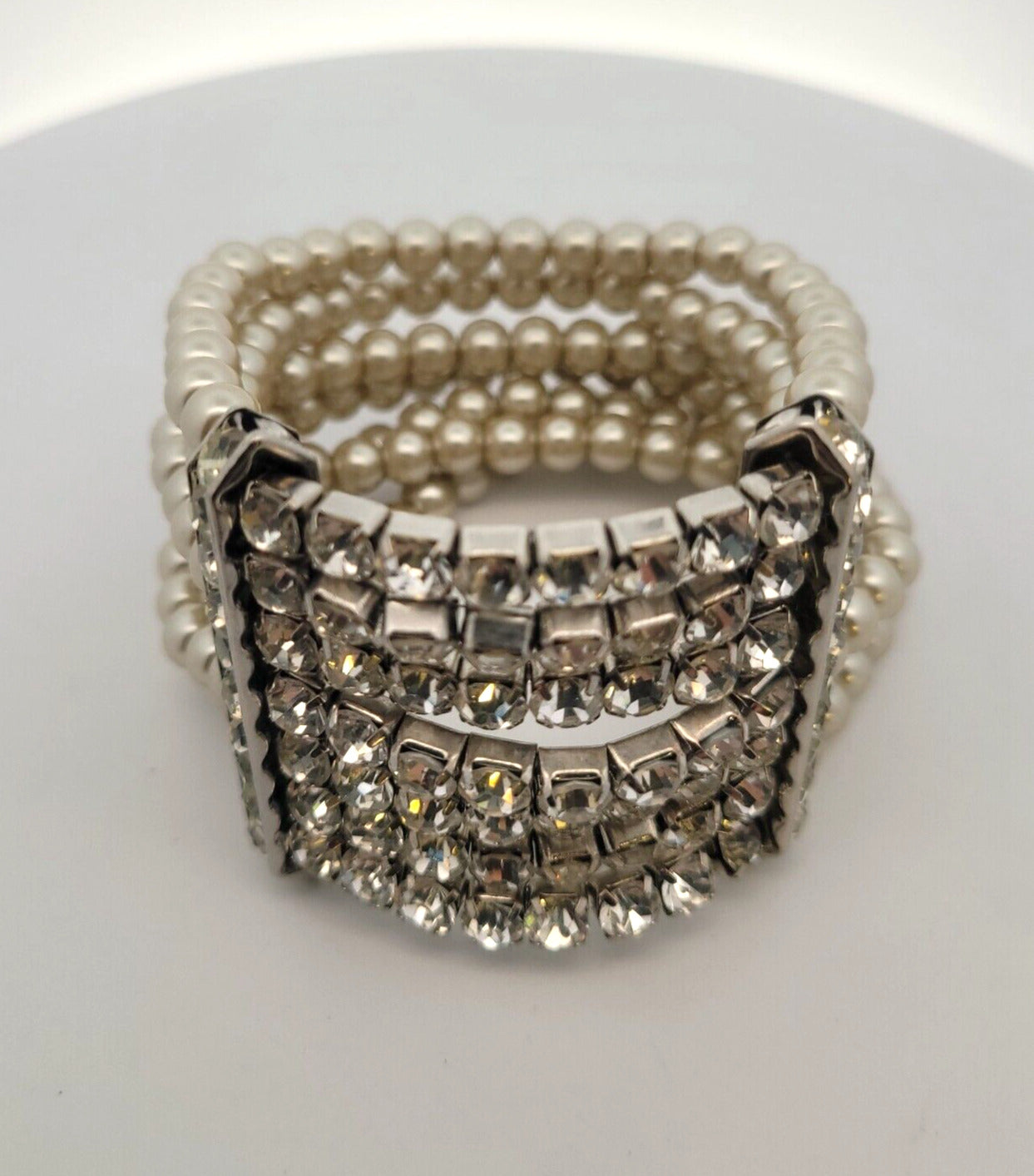 Vintage Runway Couture Silver Tone Faux Pearl Rhinestone Statement Cuff Bracelet