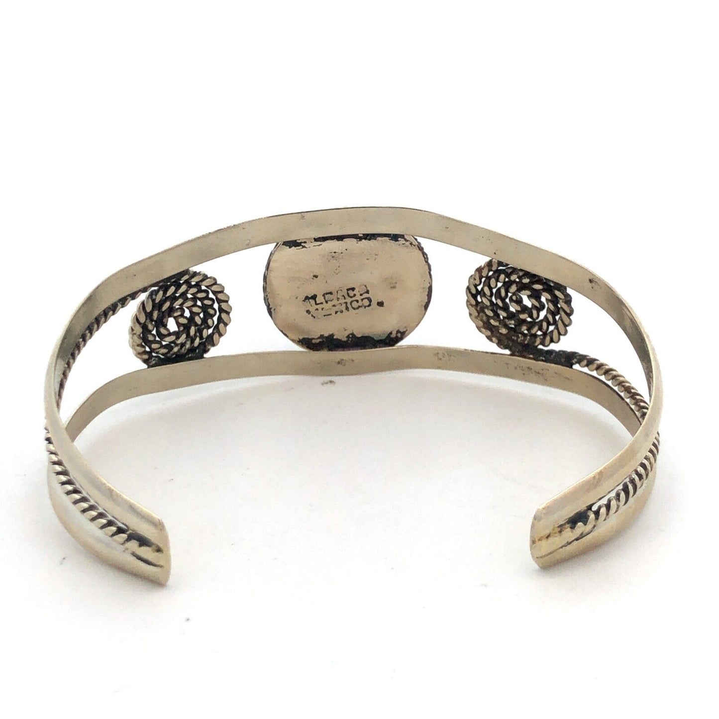 Vintage Mexico Alpaca 925 Sterling Silver Round Abalone Filigree Cuff Bracelet