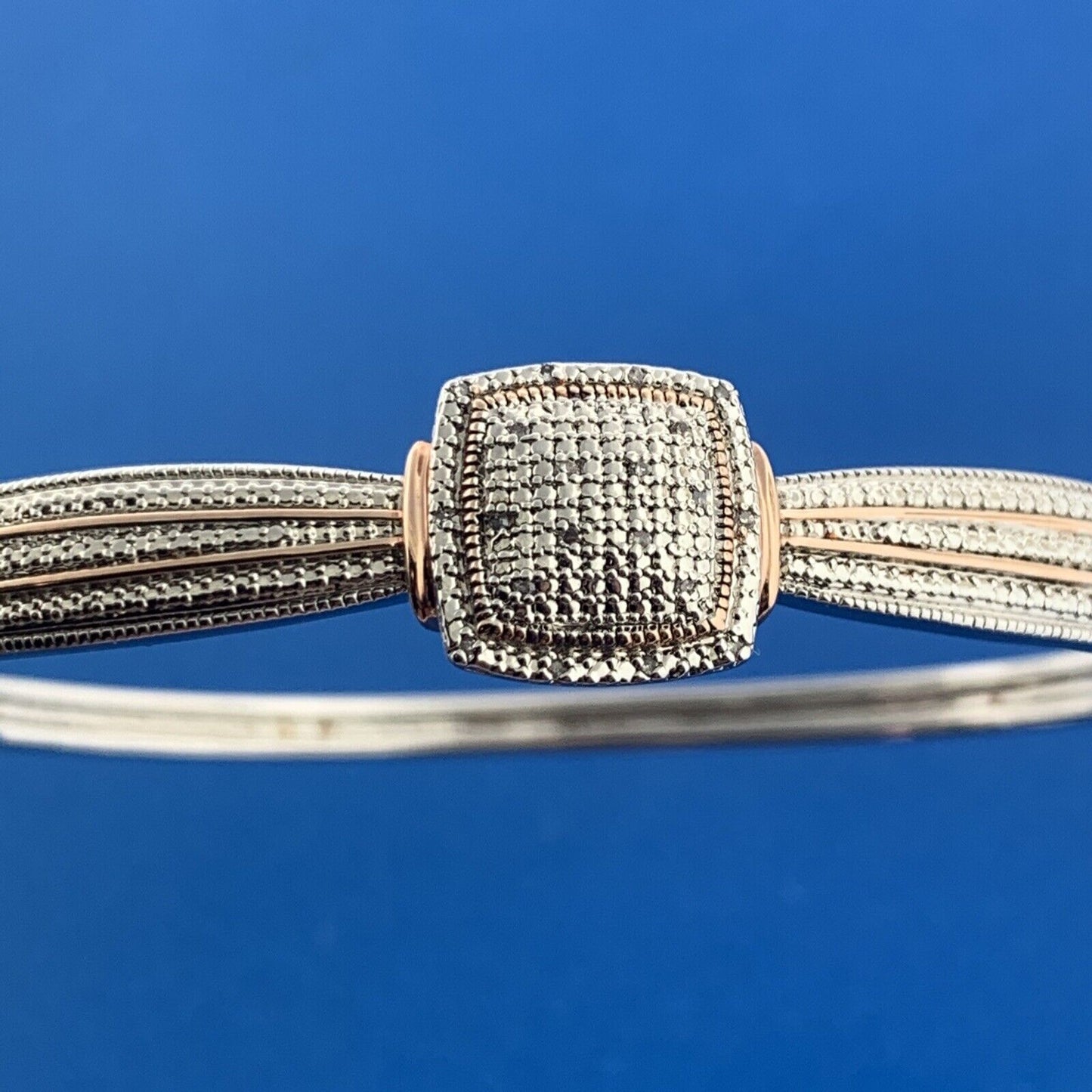Designer BR SUN Silver Toned Round Cut Diamond 7.5" Hinged Cuff Bracelet
