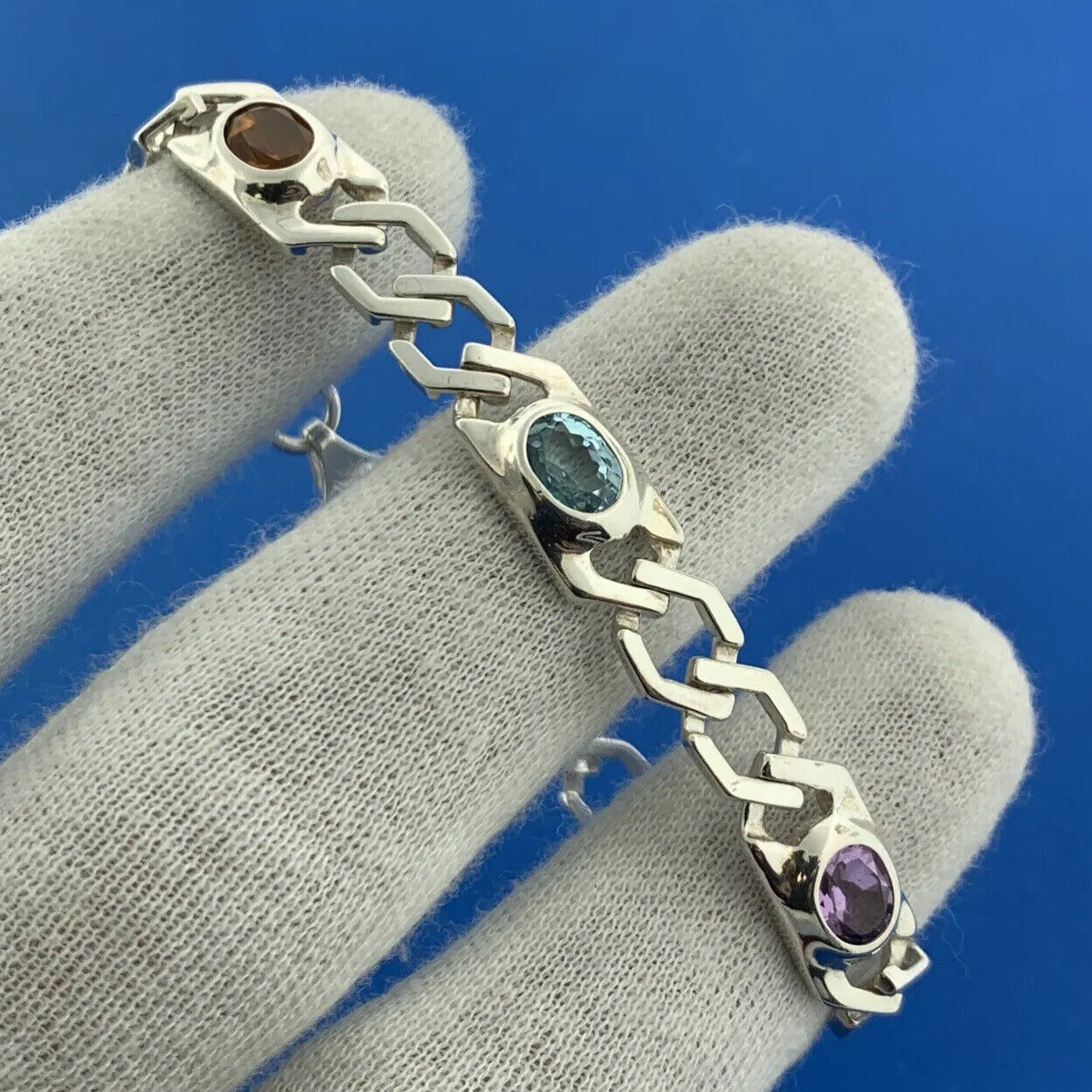 Designer 925 Sterling Silver Mixed Oval Gemstones Statement Tennis Bracelet