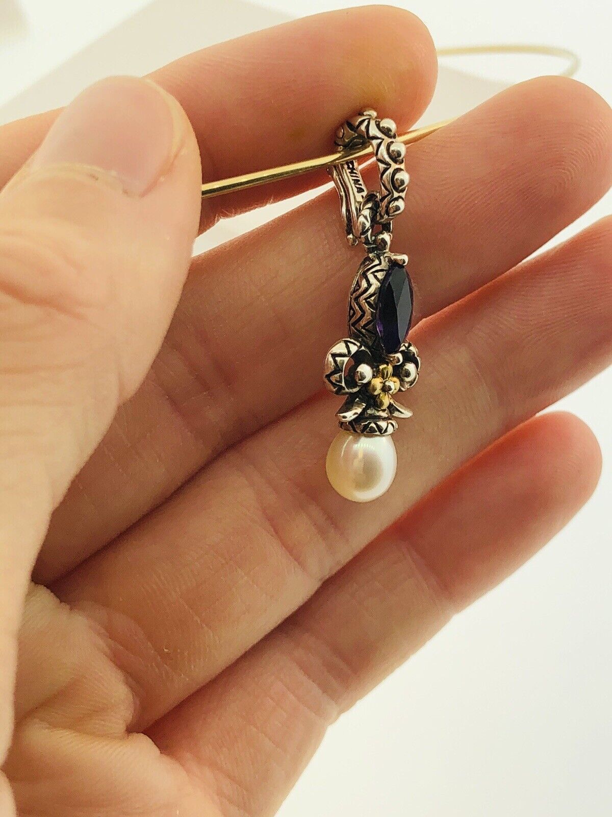 Barbara Bixby 18K Gold Sterling Silver Pearl Amethyst Drop Enhancer Pendant S173