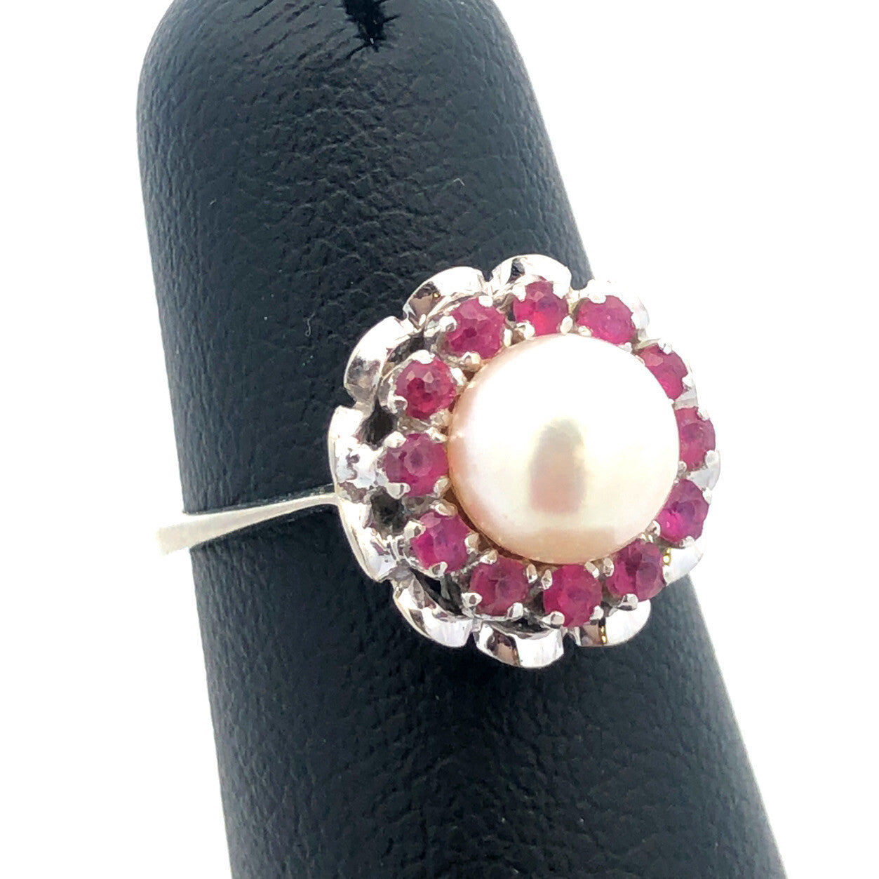 Gorgeous 14k White Gold Floral Round Cut Ruby Halo Pearl Ring SIze 4.25