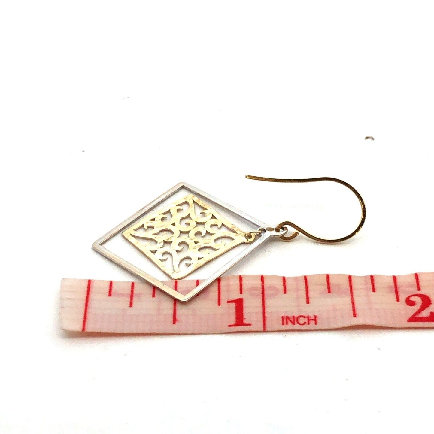 Designer 14K Yellow White Gold Open Scroll Square Dangle Hook Earrings