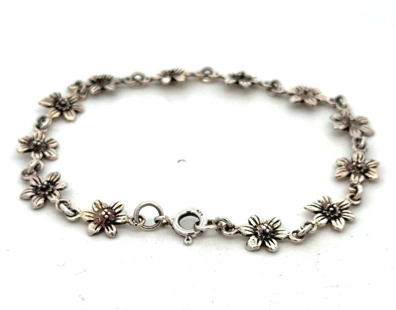 Estate 925 Sterling Silver Flower Floral Station Tennis Bracelet