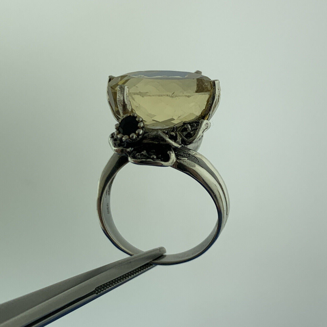 Artisan 925 Sterling Silver Oval Citrine Blue Sapphire 2 Tone Statement Bypass R