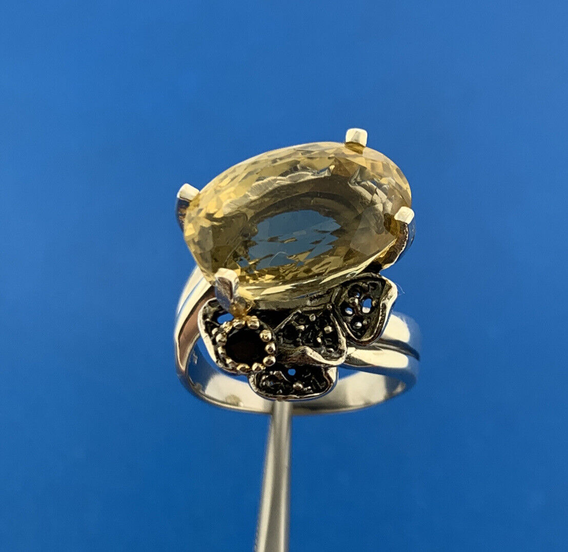 Artisan 925 Sterling Silver Oval Citrine Blue Sapphire 2 Tone Statement Bypass R