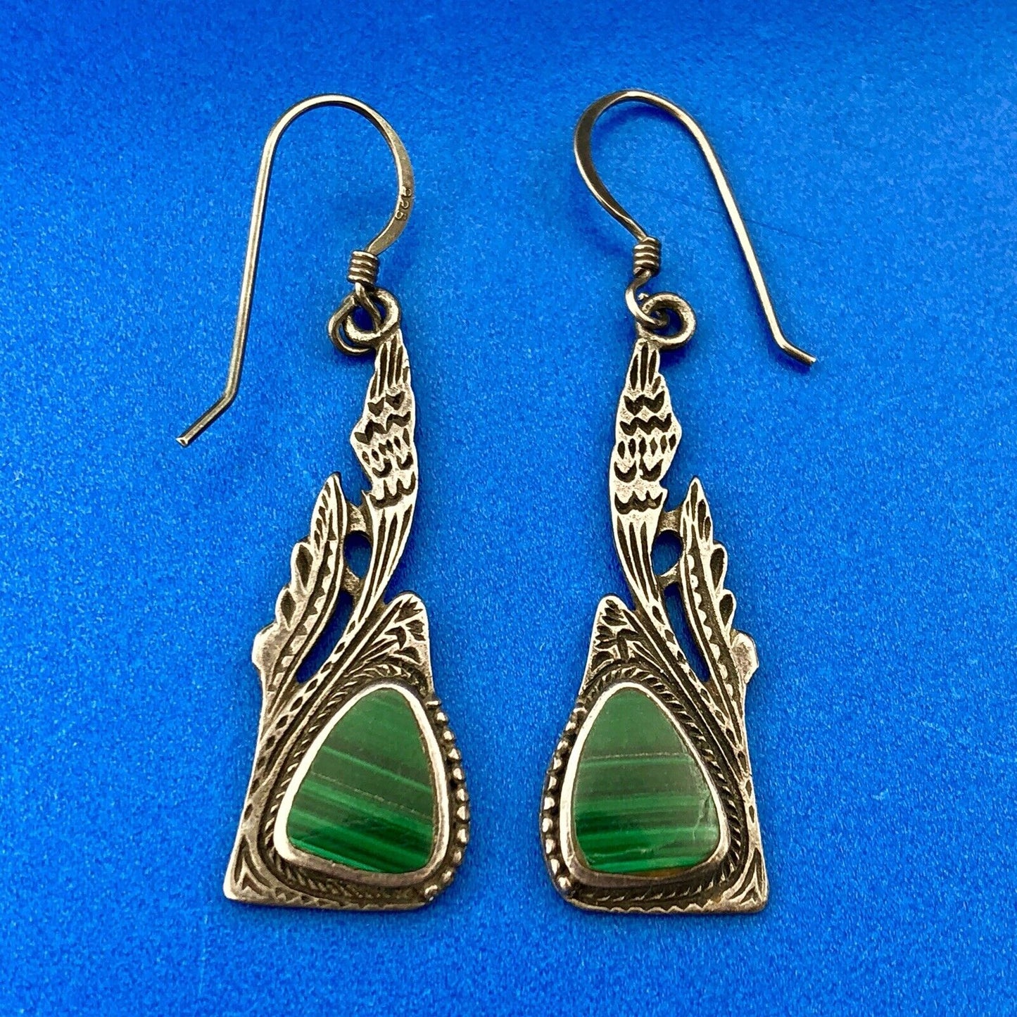 Estate Sterling Silver Malachite Trilliant Feather Wings Motif Dangle Earrings