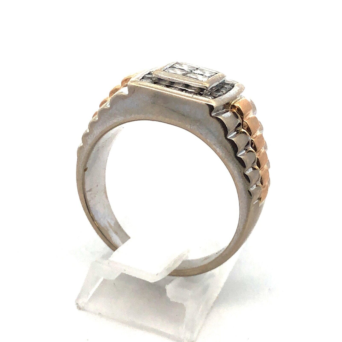 14K White Yellow Gold Princess Diamond Quad Men's Two Toned Ribbed Dome Ring