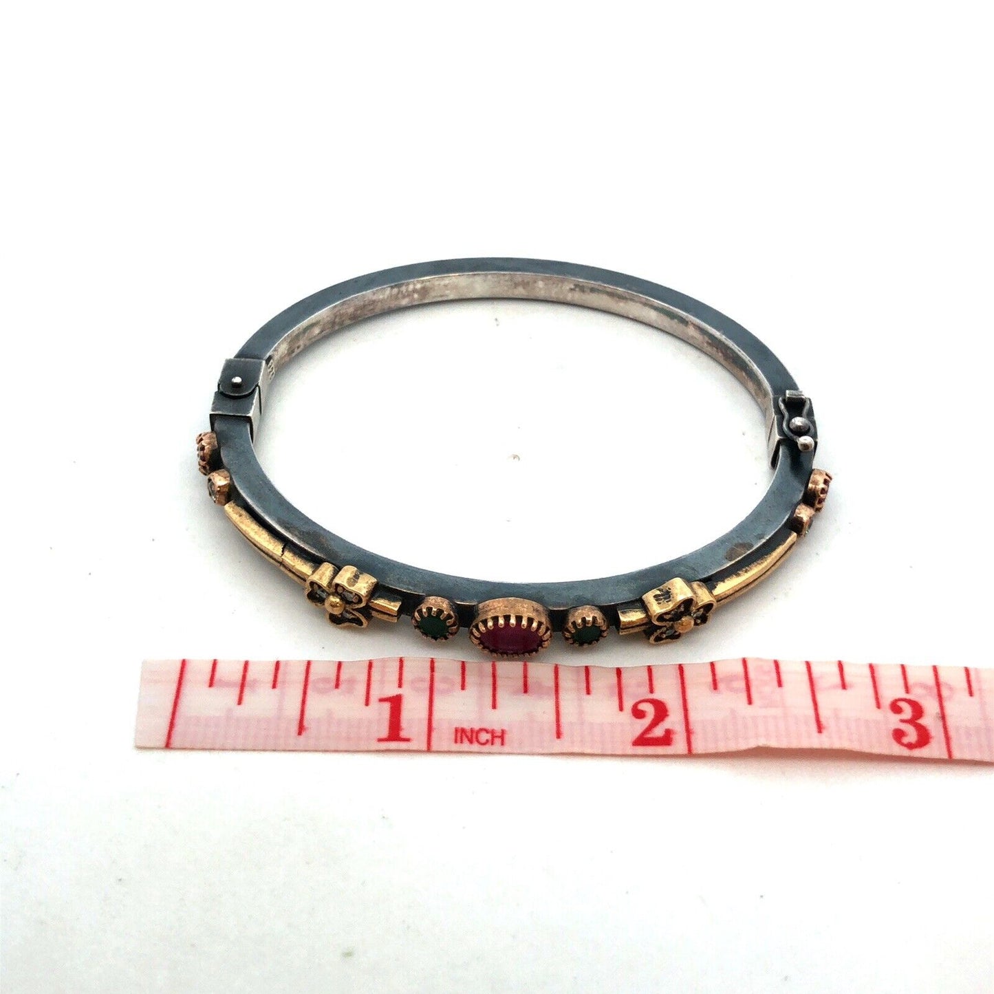 Vintage 925 Sterling Silver Ruby Emerald White Amethyst Hinged Bangle Bracelet