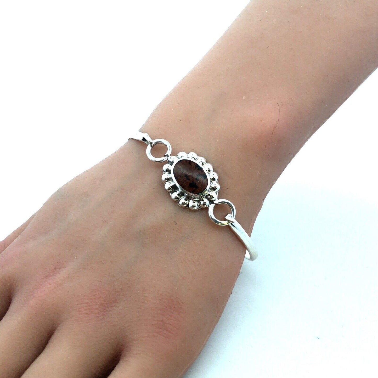 TAXCO Mexico 925 Sterling Silver Brecciated Jasper Cabochon Hook Bangle Bracelet
