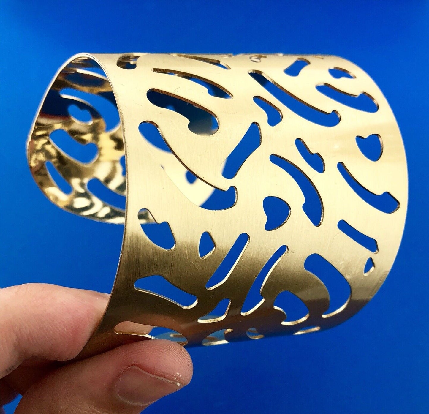 Modernist Gold Tone Brushed Finish Animal Print Cutout Statement Cuff Bracelet