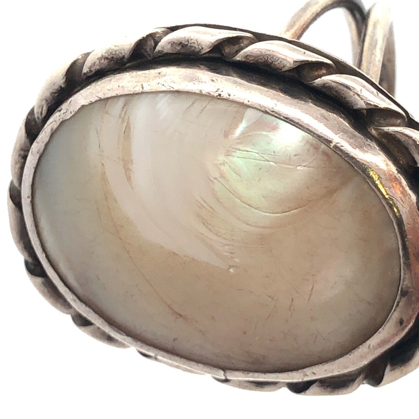 Vintage 925 Sterling Silver Oval White Lace Agate Cabochon Large Size 12.5 Ring