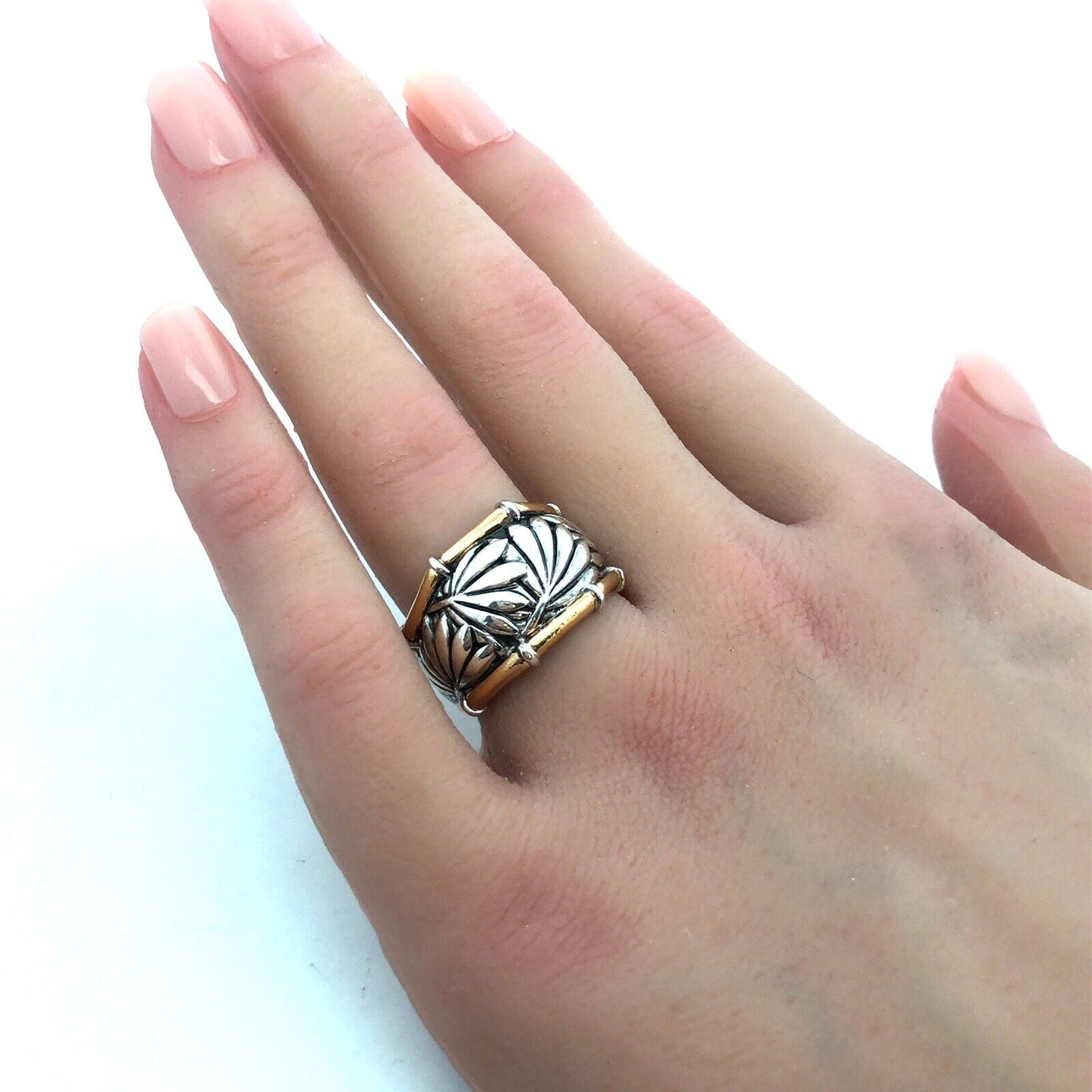 Designer P 925 Sterling Silver 22K Yellow Gold Palm Leaves Bamboo Wide Band Ring