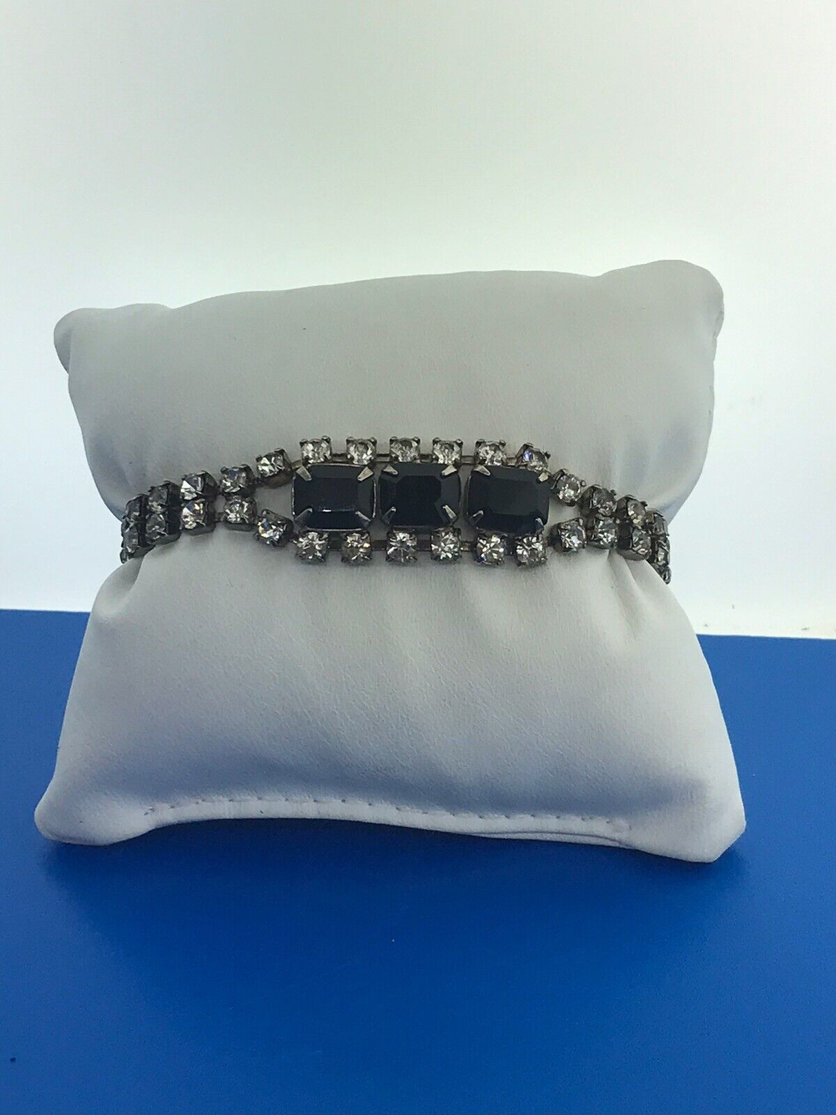 Vintage Silver Tone Rectangle Black Round White Rhinestone Runway Bracelet