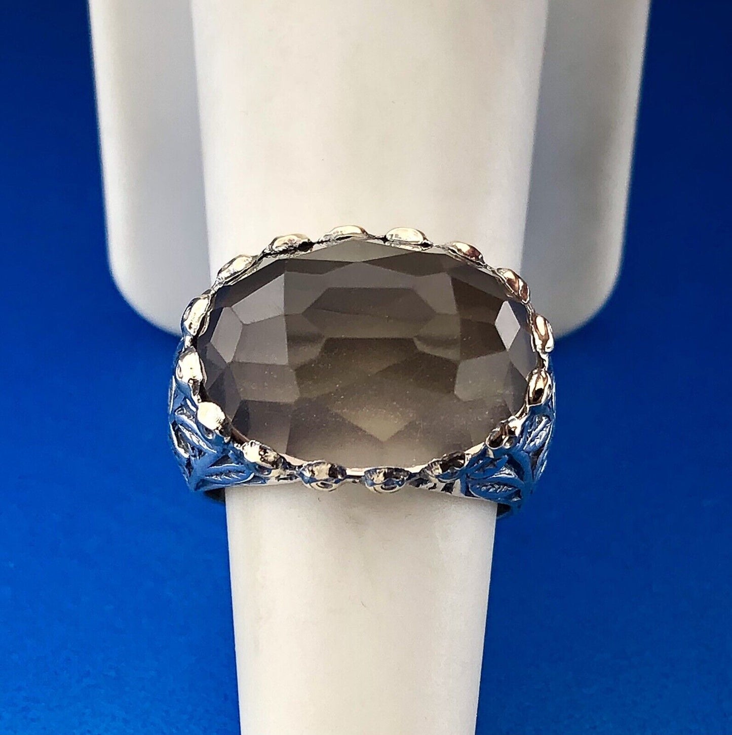 Retro 925 Sterling Silver 14K Two Toned Floral Engraved Smoky Quartz Dome Ring