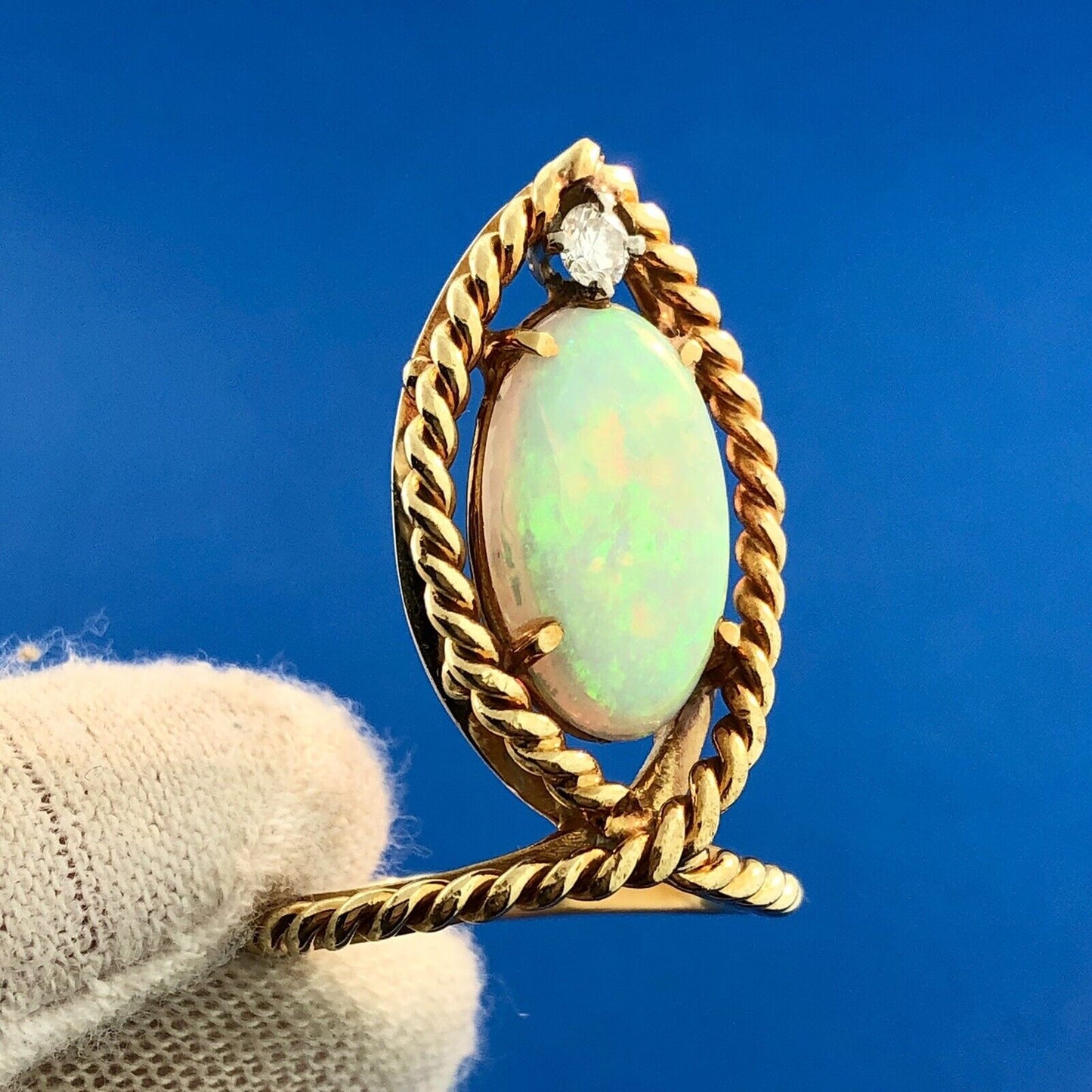 Custom Estate 18K Yellow Gold Oval Opal Diamond Accent Ichthys Statement Ring