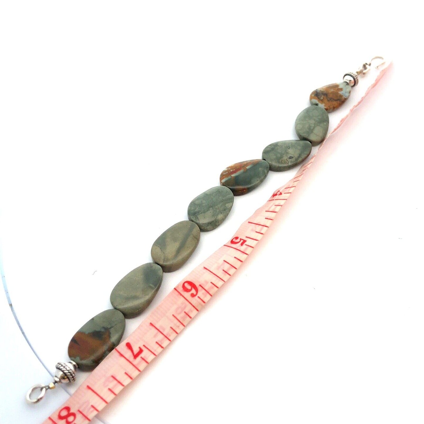 925 Sterling Silver Estate Oval Multicolor Green Bloodstone Beaded Hook Bracelet