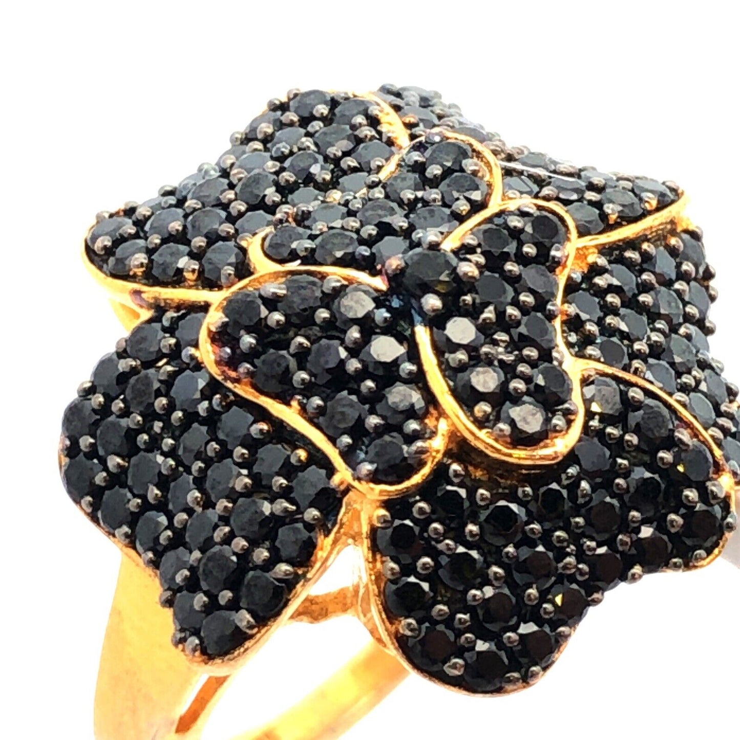 Designer TGGC Sterling Silver Gold Vermeil Black Spinel Flower Statement Ring