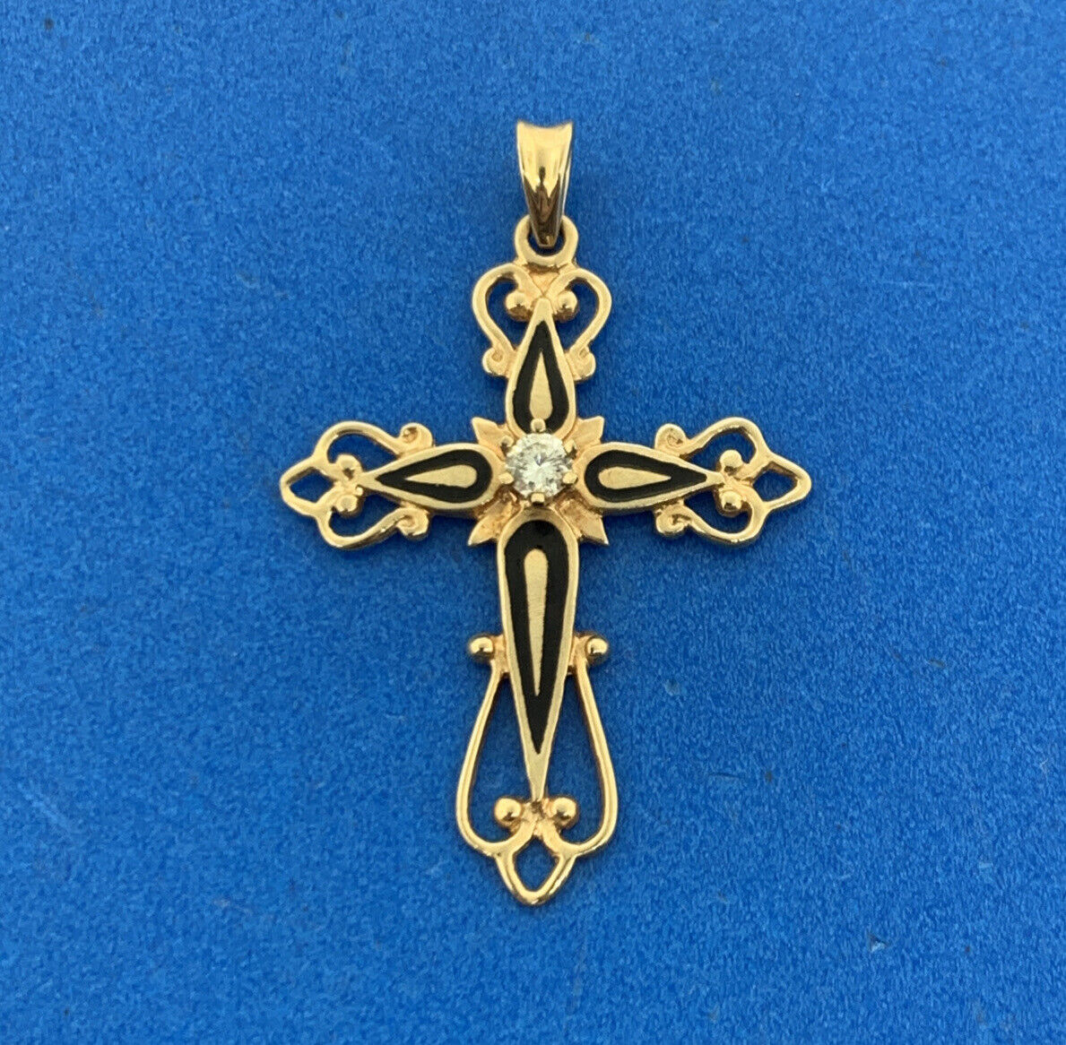Retro 14K Yellow Gold Diamond Black Enamel Scroll Cross Religious Pendant