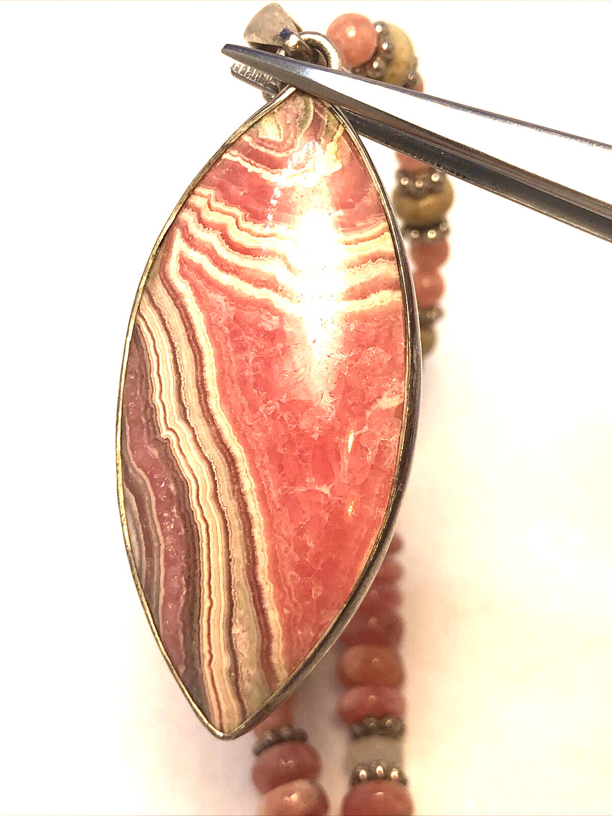 Estate 925 Sterling Silver Rhodochrosite Moonstone Stone Beaded Pendant Necklace