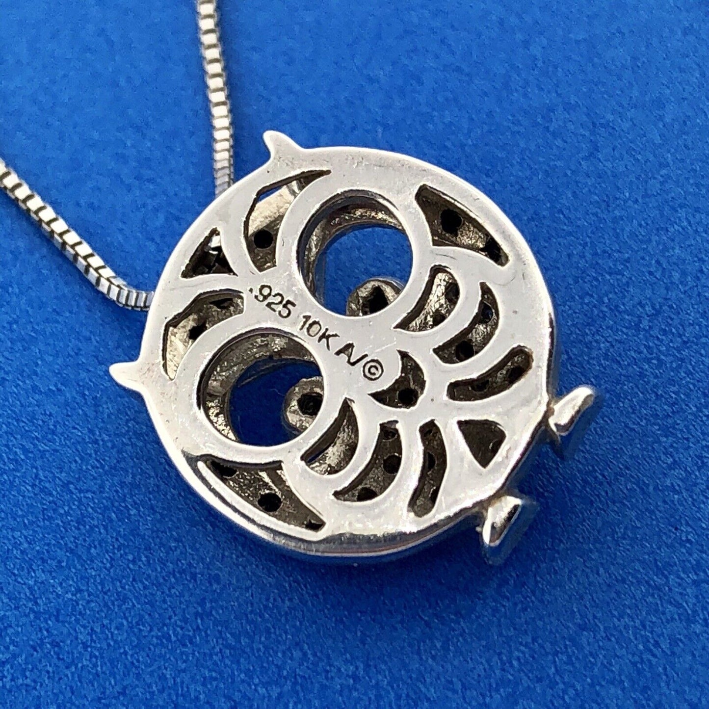 Designer 10K Yellow Gold Sterling Silver Black White Diamond Chubby Owl Necklace