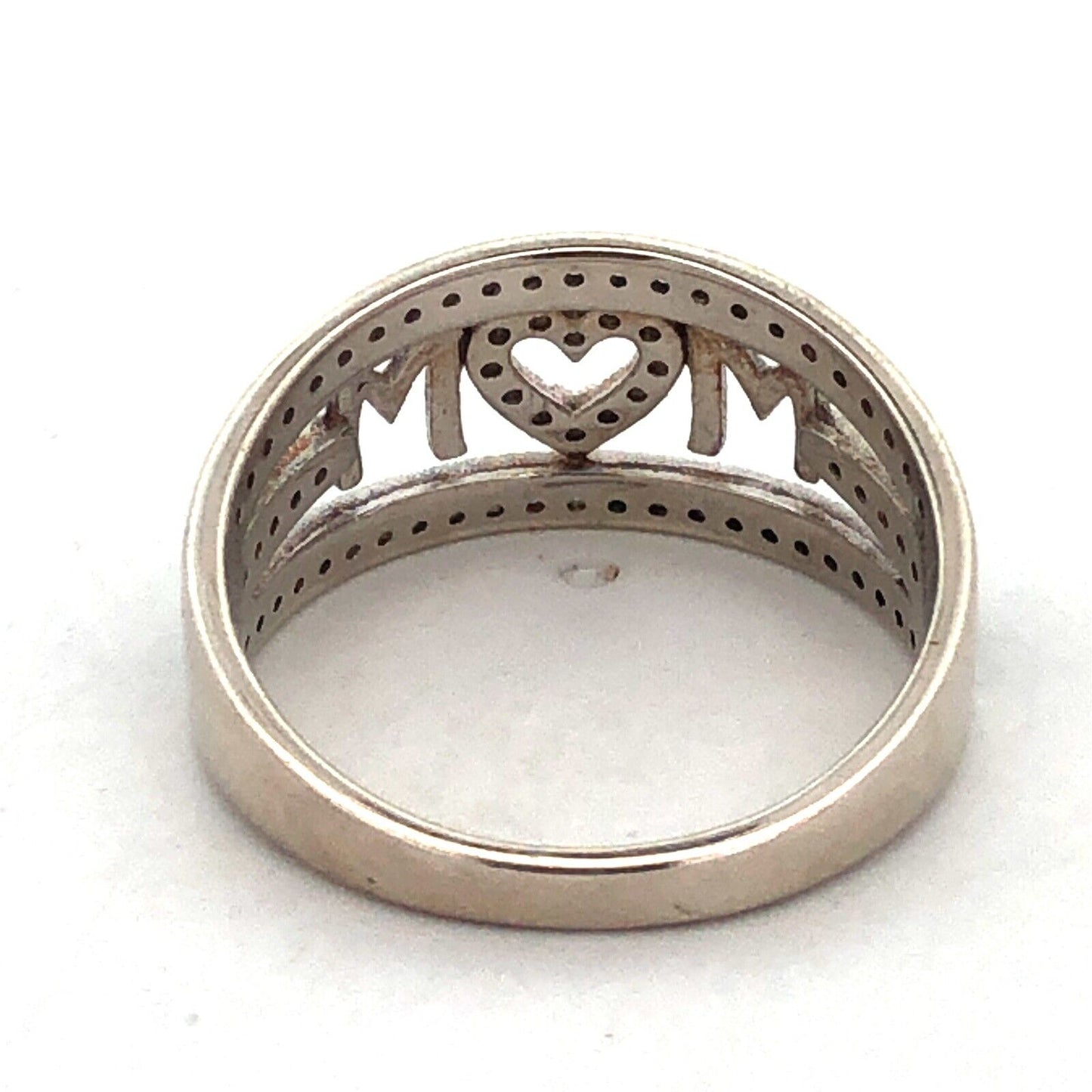 925 Sterling Silver Estate Cubic Zirconia CZ MOM Mother Heart Love Band Ring