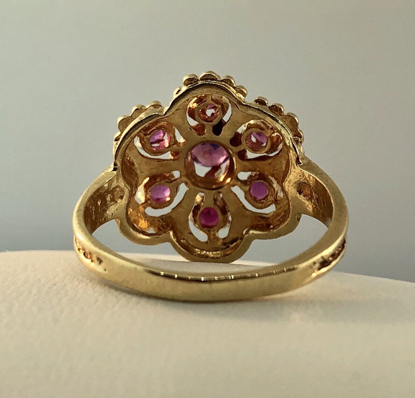 Perfect 14K Yellow Gold Ruby Flower Cluster July Anniversary Sweetheart Ring