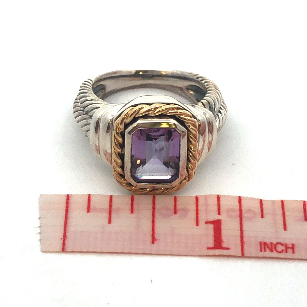 Designer CNA 925 Sterling Silver 14K Yellow Gold Emerald Cut Amethyst Sz 7 Ring