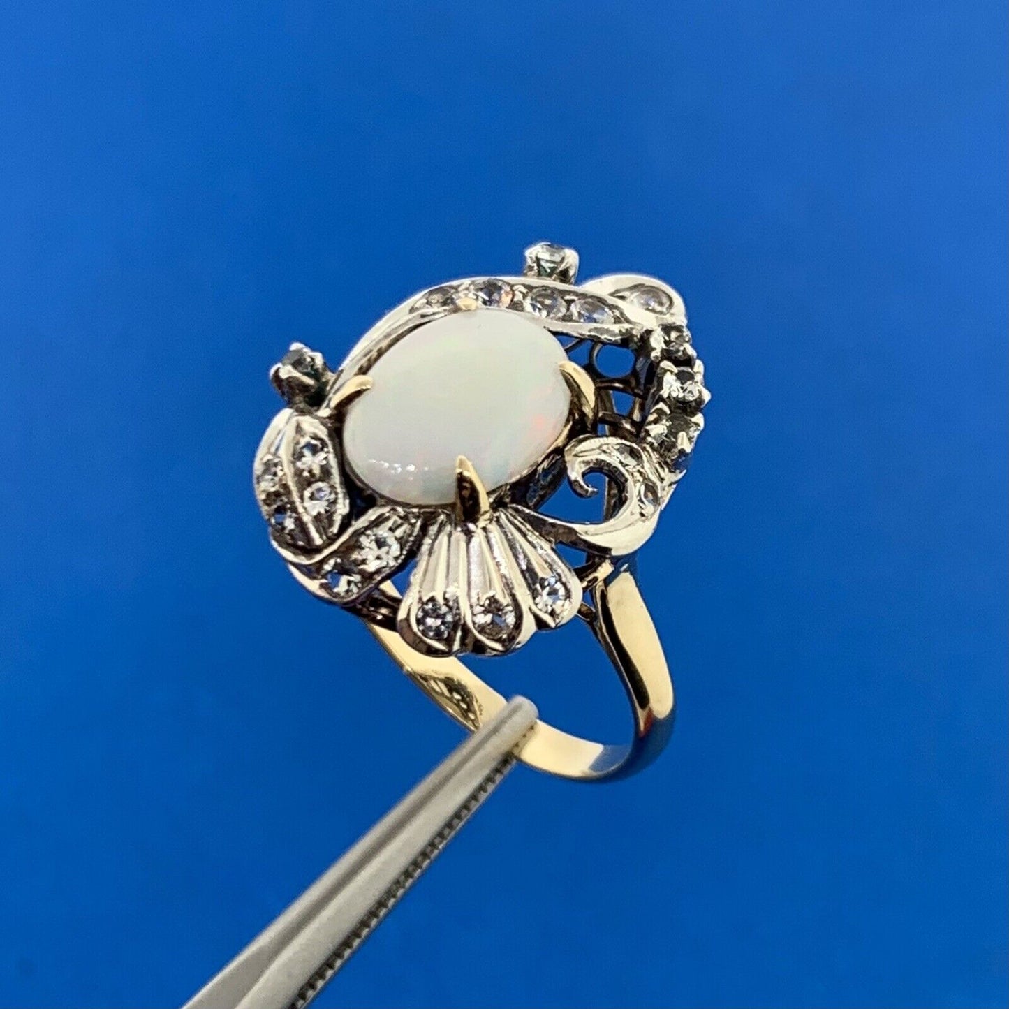 Vintage 10K Yellow Gold 925 Sterling Silver Opal White Amethyst Ring