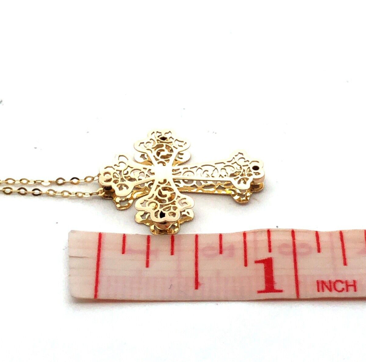 Estate Italy 14K Yellow Gold Open Work Scroll Cross Pendant Necklace