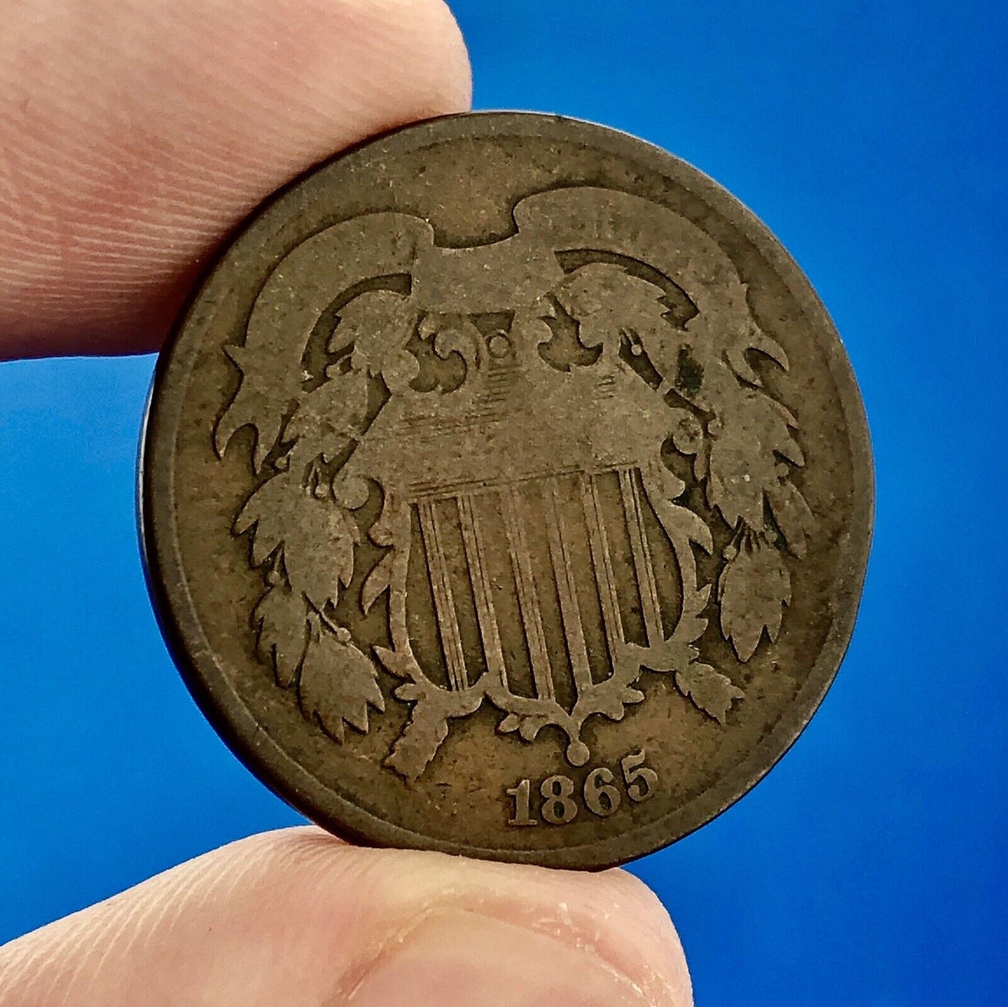 1865 P Bronze Two-Cent Piece Union Shield Short Lived Philadelphia Mint Coin
