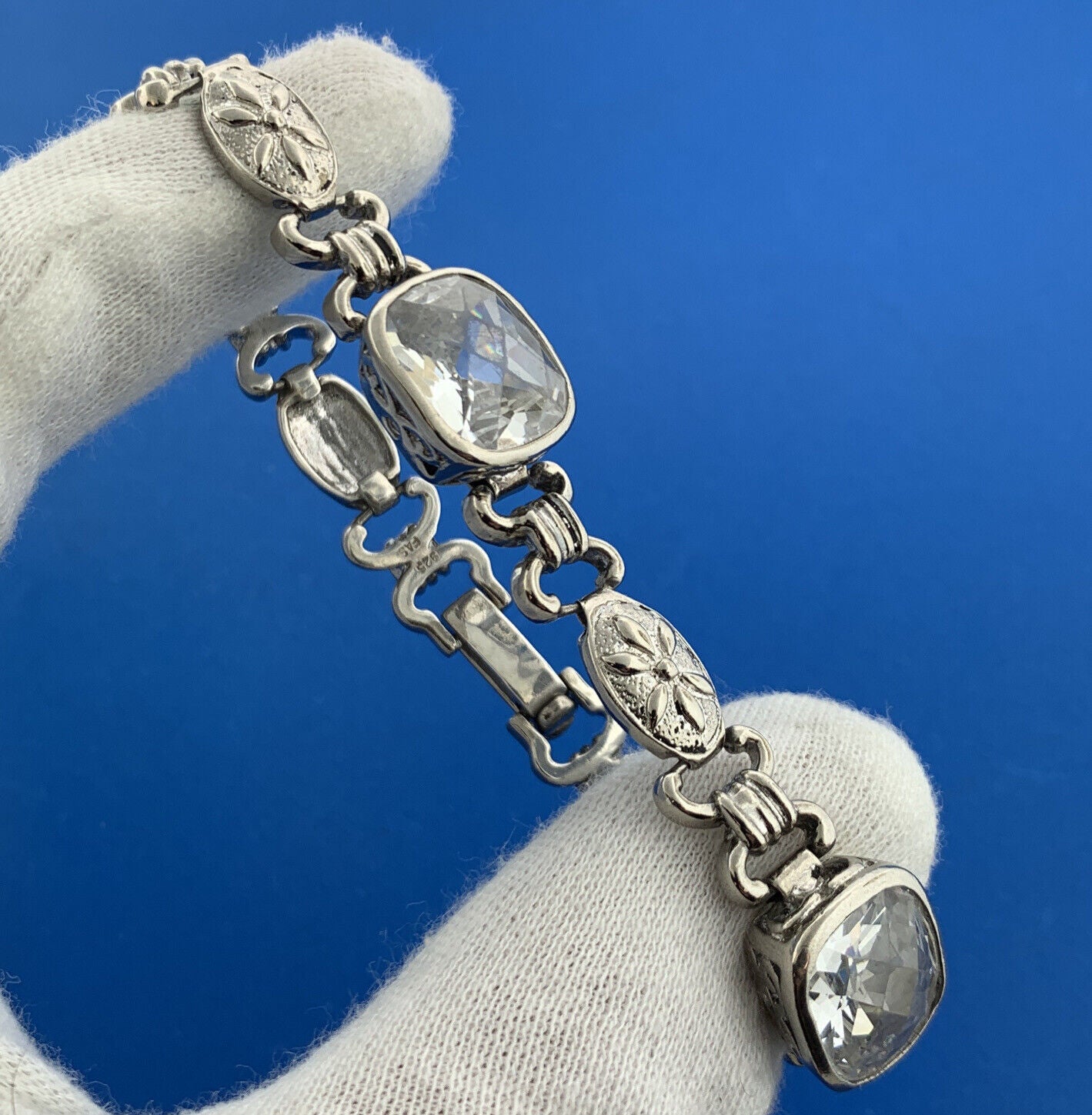 925 Sterling Silver Rectangle White Quartz Statement Tennis Bracelet