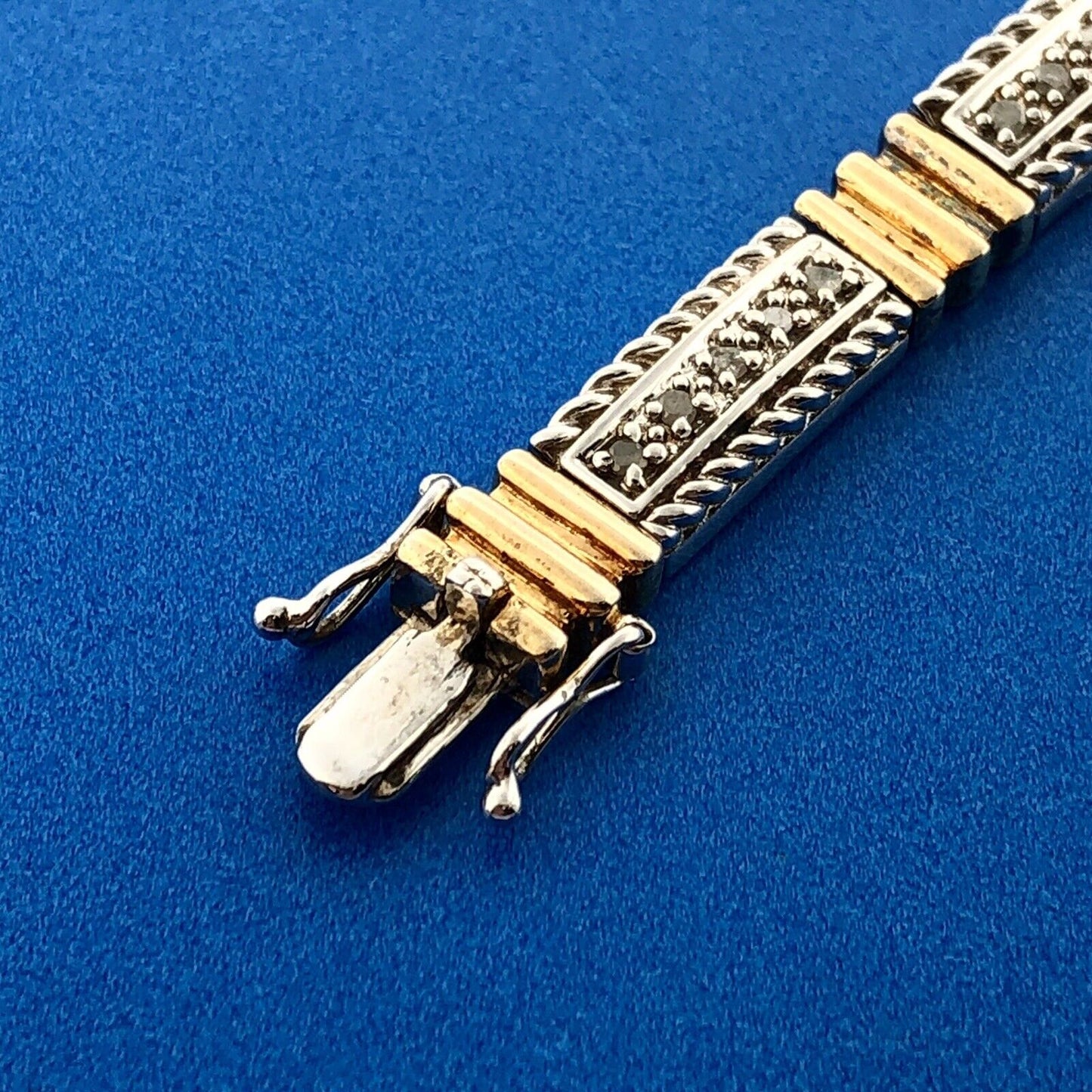 Estate CI 925 Sterling Silver Vermeil Two Tone Diamond Bar Panel Tennis Bracelet