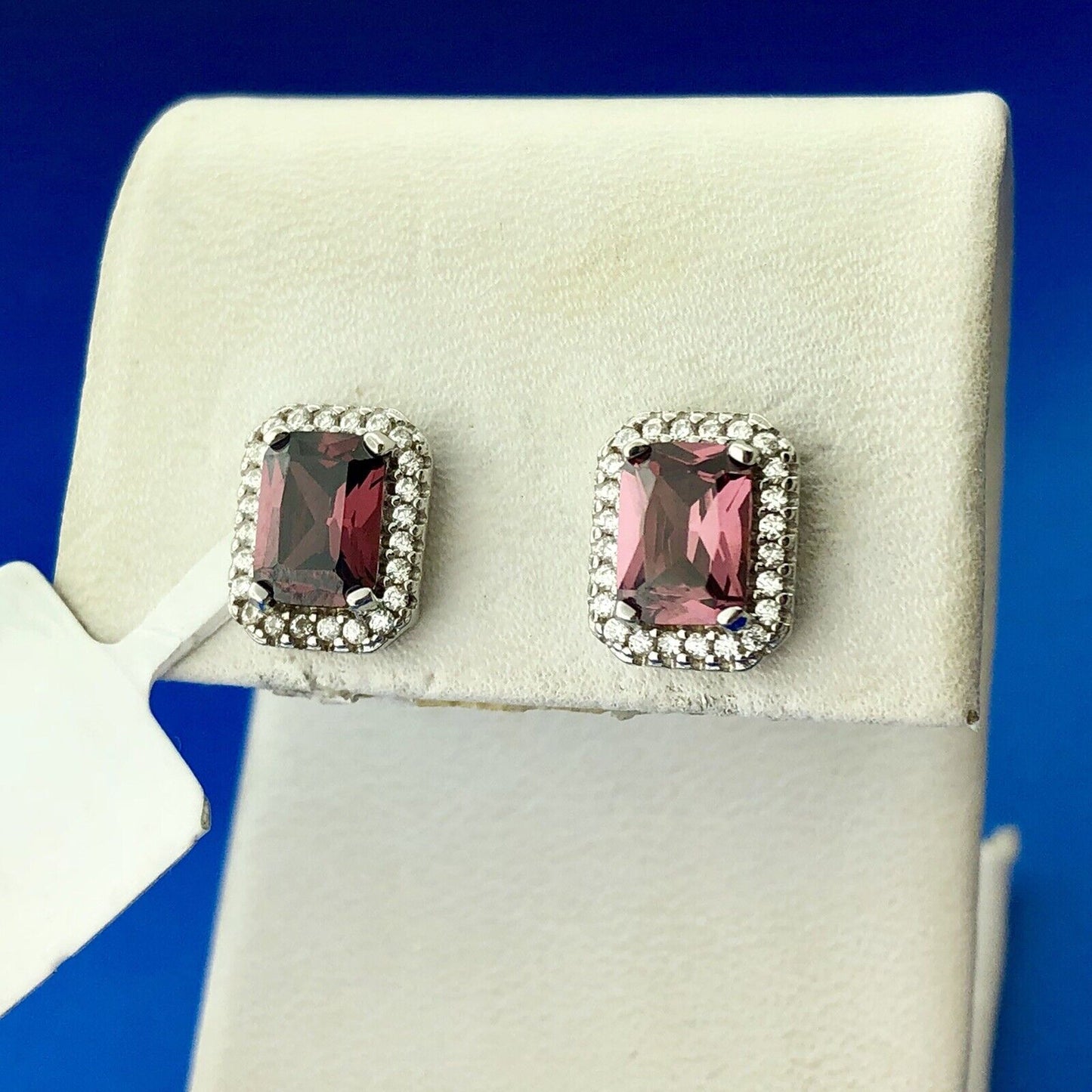 Designer OJL Sterling Silver Rhodolite Garnet Diamond Halo January Stud Earrings